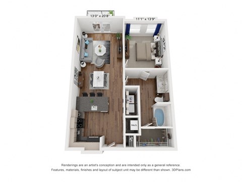a stylized floor plan of a 1 bedroom apartment